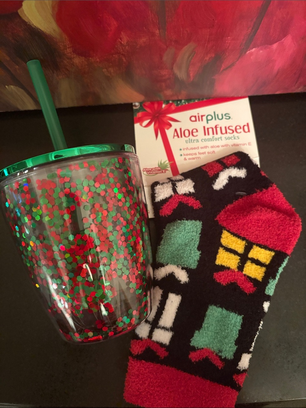 NWT Aloe Infused Holiday Socks by airplus +Mini glitter tumbler Be Jolly bundle
